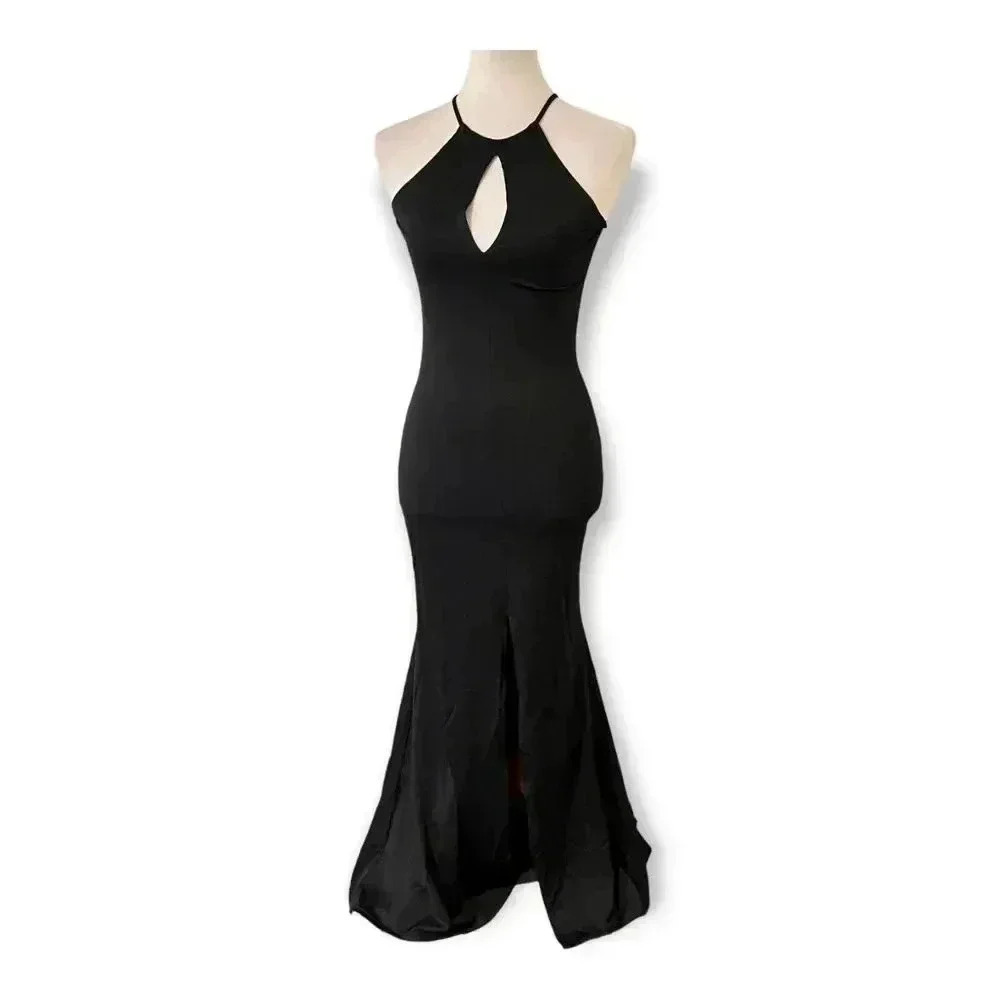 Bebe Moda Womens Tight Black Maxi Floor LBD Mermaid Dress Sz XS 0 Slit Valentine